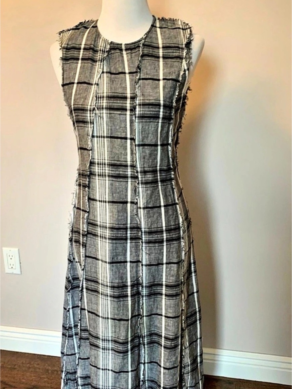 ZARA WOMAN Plaid linen Dress in Gray & Black Size Medium